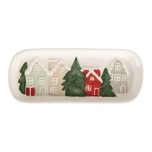 Bílá keramická dekorační miska/talíř s domečky - 30*12*3 cm 6CE2223 obraz
