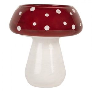 Bílo-červený skleněný svícen na čajovou svíčku muchomůrka - Ø 8*9 cm 6GL5198 obraz