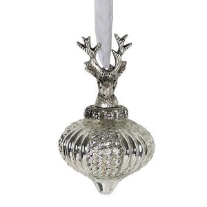 Stříbrná antik skleněná vánoční baňka s jelenem Deer - Ø 8*12 cm GWDBGZ8 obraz
