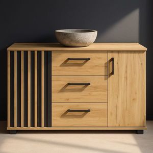 Komoda černá/dub artisan 140 cm se 3 zásuvkami a 2 dvířky obraz