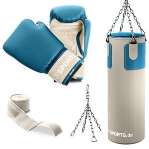 Boxovací pytel s příslušenstvím, béžovo-modrý set na trénink obraz