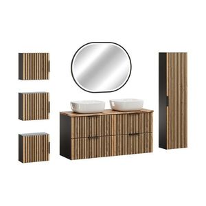 Comad Koupelnová sestava Casad Nature Smile s deskou, skříňkami, umyvadly a LED zrcadlem 120 cm černá/dub wotan obraz