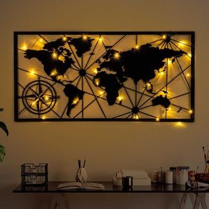 Wallity Nástěnná kovová dekorace World Map Led 452 černá obraz