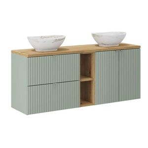 Comad Závěsná skříňka Line Reed Green s deskou a umyvadly 140 cm zelená/dub evoke obraz