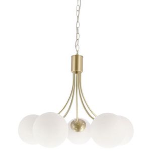 Mosazná závěsná lampa Dani 5x40W E14, bílé stínidlo, elegantní stropní svítidlo do obývacího pokoje, klasický i moderní styl, pět světelných bodů obraz