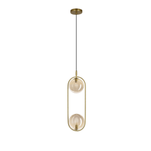 CORDEL vintage závěsná lampa - zlatá mosaz s jantarovými kulovými stínidly - elegantní osvětlení obývacího pokoje 2x G9 LED obraz