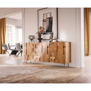 Komoda Puzzle 175 cm přírodní akácie 3 dvířka šikmá podnož obraz