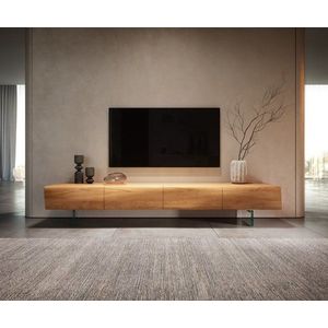 TV stolek New Live-Edge 200 cm přírodní dub 4 dvířka skleněná obraz