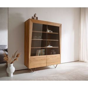 Skříň Kayu 115x150 cm přírodní akácie 2 skleněné dvířka 2 obraz