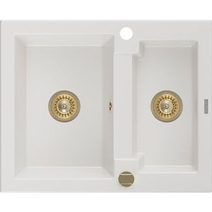 MEXEN/S Carlos granitový dřez 1.5 582x475 mm, bílá, + zlatý sifon 6518581500-20-G obraz