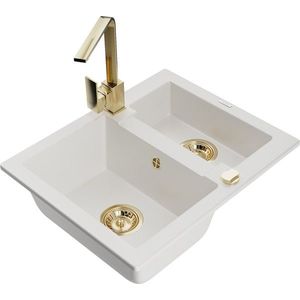 MEXEN/S Carlos granitový dřez 1.5 včetně baterie Rita, bílá 6518-20-670300-50 obraz