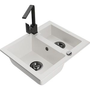 MEXEN/S Carlos granitový dřez 1.5 včetně baterie Rita, bílá 6518-20-670300-70 obraz