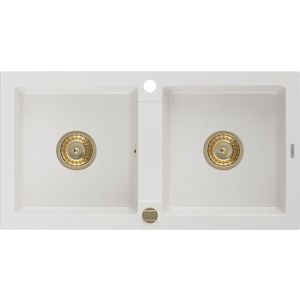 MEXEN/S Mario granitový dřez 2-bowl 820x436 mm, bílá, + zlatý sifon 6504822000-20-G obraz