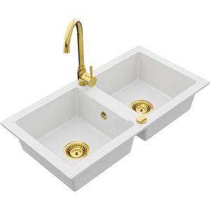 MEXEN/S Mario granitový dřez 2-bowl včetně baterie Telma, bílá 6504-20-670200-50 obraz