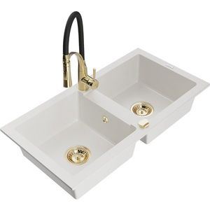 MEXEN/S Mario granitový dřez 2-bowl včetně baterie Aster, bílá 6504-20-73450-57-G obraz