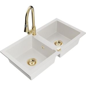 MEXEN/S Mario granitový dřez 2-bowl včetně baterie Elia, bílá 6504-20-670101-50 obraz