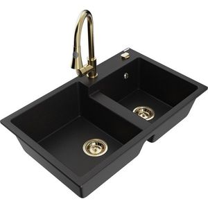 MEXEN/S Tomas granitový dřez 2-bowl včetně baterie Elia, černá 6516-77-670101-50 obraz