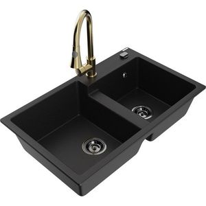 MEXEN/S Tomas granitový dřez 2-bowl včetně baterie Elia, černá 6516-77-670101-50-B obraz