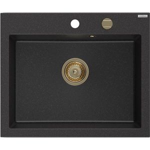 MEXEN/S Elix granitový dřez 1-miska 600 x 500 mm, černá/stříbrná metalik, sifon zlatá 6525601005-73-G obraz