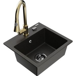 MEXEN/S Milo granitový dřez 1-miska včetně baterie Elia, černá/zlatá metalik 6505-75-670101-50-B obraz