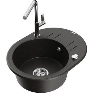MEXEN/S Kevin granitový dřez 1-miska s odkapávačem včetně baterie Flora, černá/zlatá metalik 6517-75-670401-00 obraz