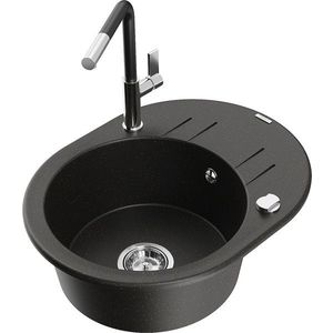 MEXEN/S Kevin granitový dřez 1-miska s odkapávačem včetně baterie Flora, černá/zlatá metalik 6517-75-670401-07 obraz