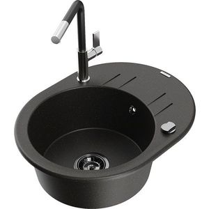 MEXEN/S Kevin granitový dřez 1-miska s odkapávačem včetně baterie Flora, černá/zlatá metalik 6517-75-670401-07-B obraz