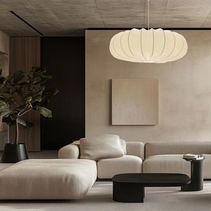 Skandinávská závěsná lampa CAFEE' - s krémovým latte stínidlem 66 cm - moderní stropní osvětlení do obývacího pokoje a jídelny E27 obraz