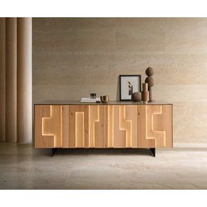 Příborník Taka 200 cm metalická zlatá 4 dvířka podnož kovová obraz