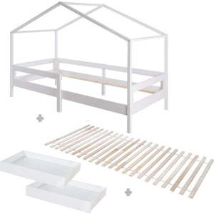 Bílá domečková dětská postel z masivního dřeva s úložným prostorem s roštem 90x200 cm – Roba obraz