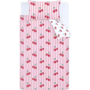 Bílé/růžové povlečení na jednolůžko 135x200 cm Disco Cherries Stripes – Catherine Lansfield obraz