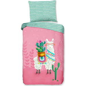 Růžové/tyrkysové bavlněné dětské povlečení na jednolůžko 140x200 cm Lalama – Good Morning obraz