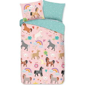Růžové/tyrkysové bavlněné dětské povlečení na jednolůžko/prodloužené 140x220 cm Horses – Good Morning obraz