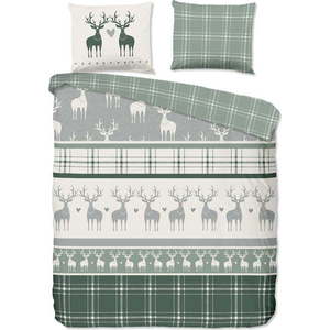 Zeleno-krémové prodloužené flanelové povlečení na dvoulůžko 200x220 cm Bjirk – Good Morning obraz