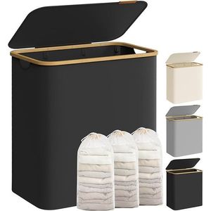 Koš na prádlo 150L se 3 přihrádkami, černý, bambusový rám obraz