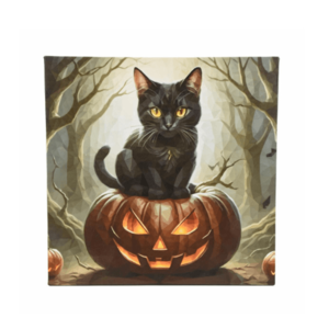 Nástěnná malba kočka na dýni, 4 LED, 40 x 40 cm obraz