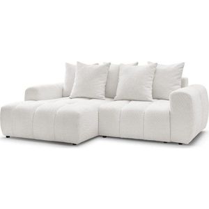 Bílá rozkládací/s úložným prostorem rohová pohovka z textilie bouclé (levý roh/s lenoškou) Roxelane – Bobochic Paris obraz