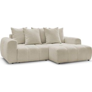 Béžová rozkládací/s úložným prostorem rohová pohovka z textilie bouclé (pravý roh/s lenoškou) Roxelane – Bobochic Paris obraz