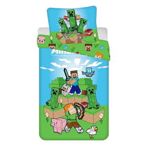 Zeleno-modré bavlněné dětské povlečení na jednolůžko 140x200 cm Minecraft "Outdoor Mobs" – Jerry Fabrics obraz