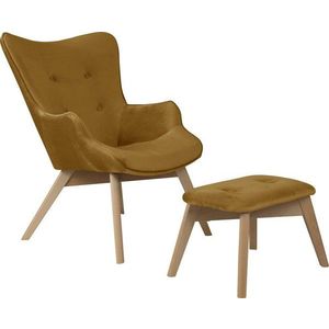 Sametové křeslo s podnožkou v hořčicové barvě Niko – Ropez obraz