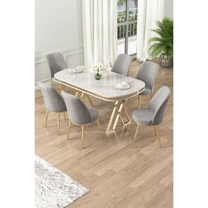 Dining Table & Chairs Set (7 Pieces) Lai - White, Gold, Grey obraz