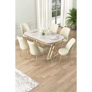 Dining Table & Chairs Set (7 Pieces) Lai - White, Gold, Cream obraz