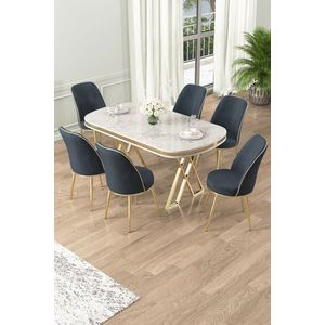 Dining Table & Chairs Set (7 Pieces) Lai - White, Gold, Anthracite obraz