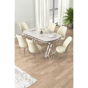 Dining Table & Chairs Set (7 Pieces) Lai - White, Chrome, Cream obraz