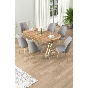 Dining Table & Chairs Set (7 Pieces) Lai - Light Walnut, Gold, Grey obraz