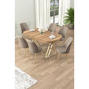 Dining Table & Chairs Set (7 Pieces) Lai - Light Walnut, Gold, Cappuccino obraz