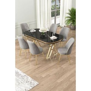 Dining Table & Chairs Set (7 Pieces) Lai - Black Marble, Gold, Grey obraz