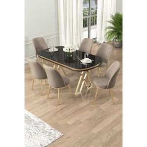 Dining Table & Chairs Set (7 Pieces) Lai - Black Marble, Gold, Cappuccino obraz