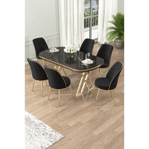 Dining Table & Chairs Set (7 Pieces) Lai - Black Marble, Gold, Black obraz