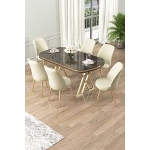 Dining Table & Chairs Set (7 Pieces) Lai - Anthracite, Gold, Cream obraz